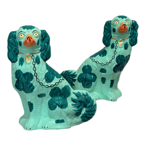 Vintage Staffordshire Dog Pair in Turquoise Glaze – Hand-Painted Papier-Mâché Spaniels