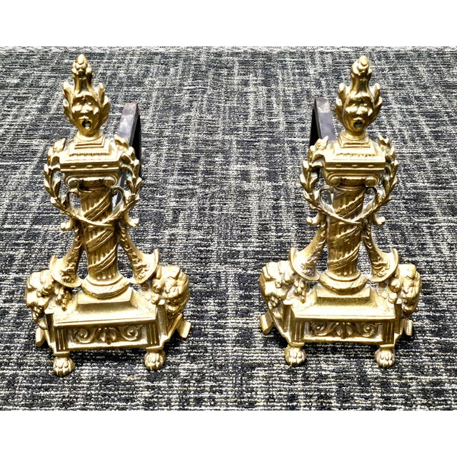 Pair Antique French Neoclassical Cast Brass Andirons For Sale - Image 11 of 12