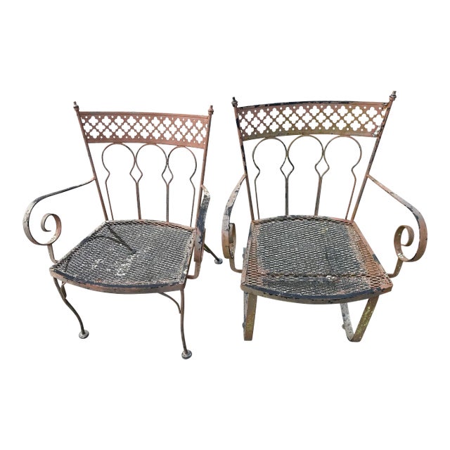 Vintage Wrought Iron Patio Chairs in the Style of Salterini Taj Mahal - Set of 2 For Sale