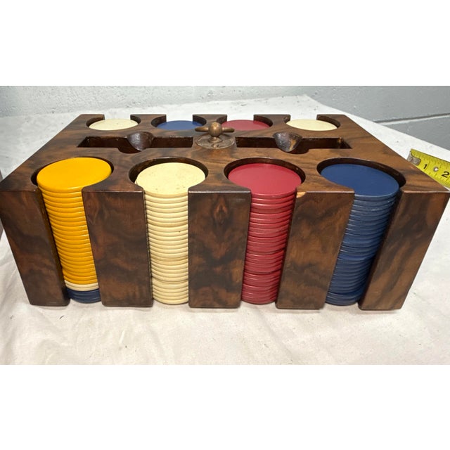 Signed Antique 19th Century Gaming Poker Wood Brass Box Travel Set Clay Chips For Sale In New York - Image 6 of 11