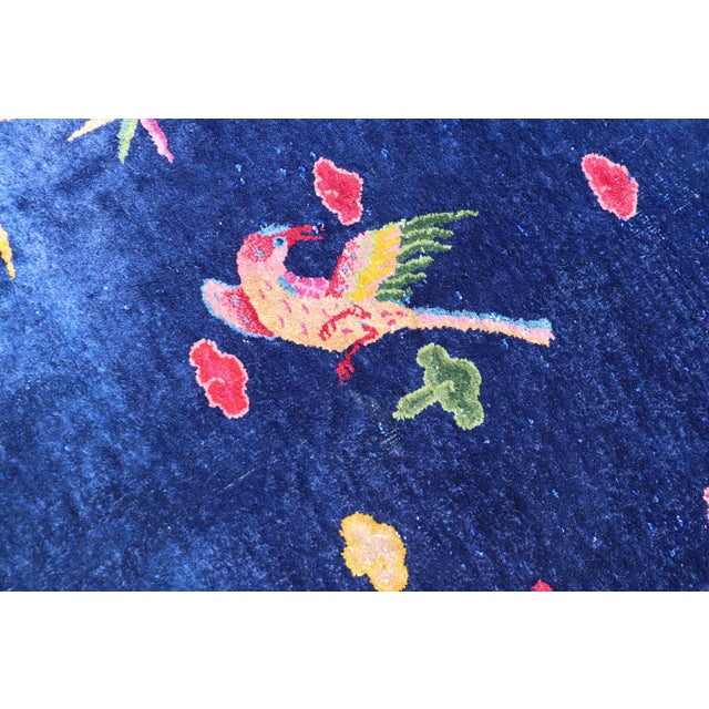 Large Antique Art Deco Rug in Deep Navy Blue With Vibrant Red Border For Sale In Atlanta - Image 6 of 13