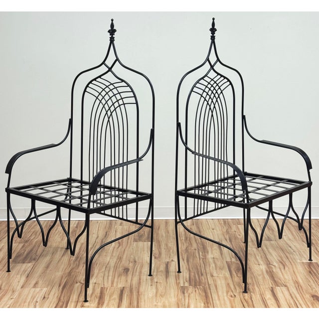 Substantial Vintage Wrought Iron Gothic Revival Cathedral Chairs, a Pair For Sale - Image 4 of 15