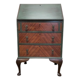 Vintage Green Queen Anne Writing Bureau with Three Drawers For Sale