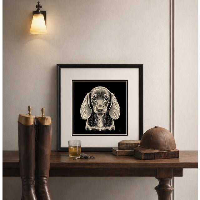 Atelier Aria Lumae the Sovereign Pet Collection Dachshund Silhouette Geometric Lithograph Fine Art Gallery Board Print Square Panel 16 X 16 For Sale In San Antonio - Image 6 of 18