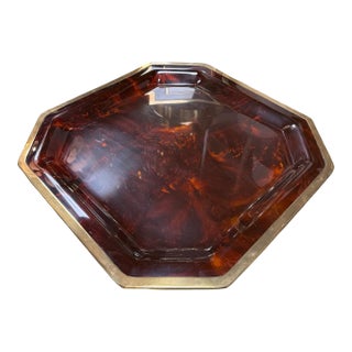 Vintage Octagonal Tortoiseshell-Style Serving Tray With Brass-Tone Rim For Sale