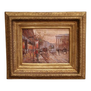 19th Century Paris Street Scene Oil on Panel in Giltwood Frame Signed L. Leje For Sale