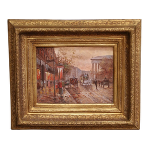 19th Century Paris Street Scene Oil on Panel in Giltwood Frame Signed L. Leje