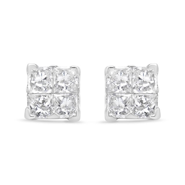 Contemporary .925 Sterling Silver 5/8 Cttw Princess Cut Diamond Invisible Set Quad Composite Stud Earrings, A Pair For Sale - Image 3 of 6