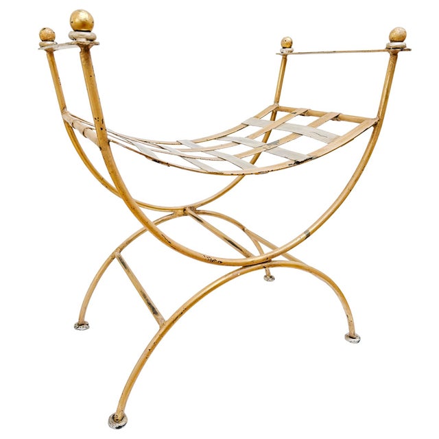 Hollywood Regency Early 20th Century Italian Hollywood Regency Gilded Wrought Iron Curule or Savonarola Vanity Stool For Sale - Image 3 of 8