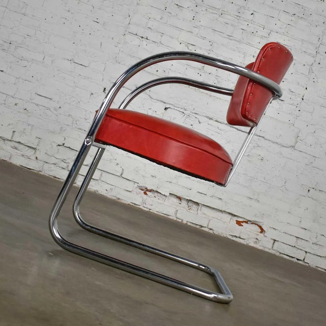 Red Art Deco Streamline Modern Bauhaus Accent Chair Cantilever Chrome & Red Vinyl Attributed to Kem Weber for Lloyd’s Manufacturing For Sale - Image 8 of 13