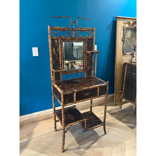 1920s Victorian Tortoiseshell Bamboo & Japanned Lacquer Bonheur Du Jour Writing Desk For Sale - Image 9 of 16