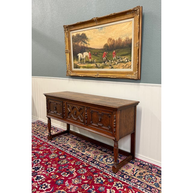 Antique English Jacobean Console Buffet Sideboard Sofa Table Oak c.1930s For Sale - Image 11 of 17