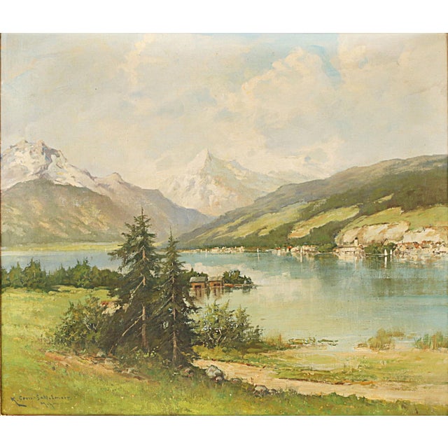 Karl Gross Sattelmair, Lake in the Alps, 1890s, Oil Painting For Sale - Image 4 of 4
