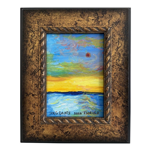Original Serg Graff Ocean Sunset Acrylic Painting Framed Small Seascape Art For Sale