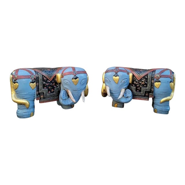 Vintage Asian Carved & Hand-Painted Elephant Stools/Garden Seats - Pair For Sale