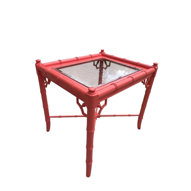 Dark Pink Vintage Chinoiserie Faux Bamboo Thomasville Table Palm Beach Style Beveled Glass Beautiful For Sale - Image 8 of 11