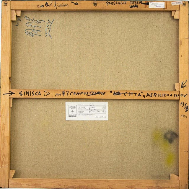 Composition is a beautiful mixed media realized by Mario Sinisca (Naples, 1929) in 1994. Acrylic and inox on canvas. Hand...