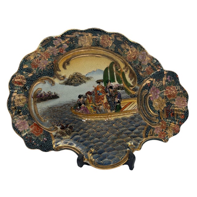 Vintage Satsuma Hand Painted Earthenware Platter With Scalloped Edges For Sale - Image 12 of 12