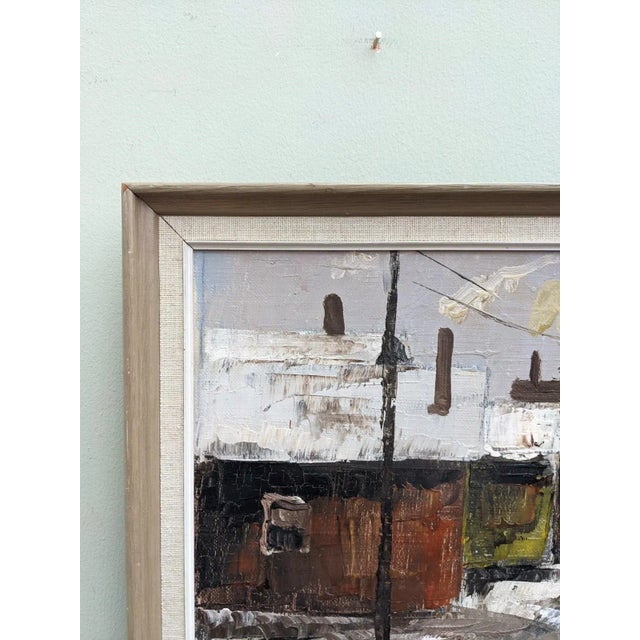 Mid-Century Modern Swedish "Chimneys" Vintage Winter Street Scene Oil Painting, Framed For Sale - Image 6 of 8