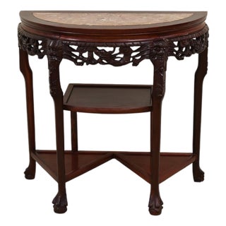 1970s Chin Hua Style Demilune Rose Marble Inlay Entry/Console Table For Sale