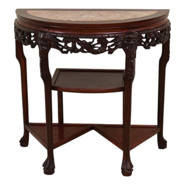 1970s Chin Hua Style Demilune Rose Marble Inlay Entry/Console Table For Sale