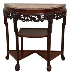 1970s Chin Hua Style Demilune Rose Marble Inlay Entry/Console Table
