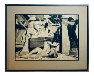 Late 20th Century Figurative Abstract Ink and Gouache Painting by Joseph Jankowski, Framed