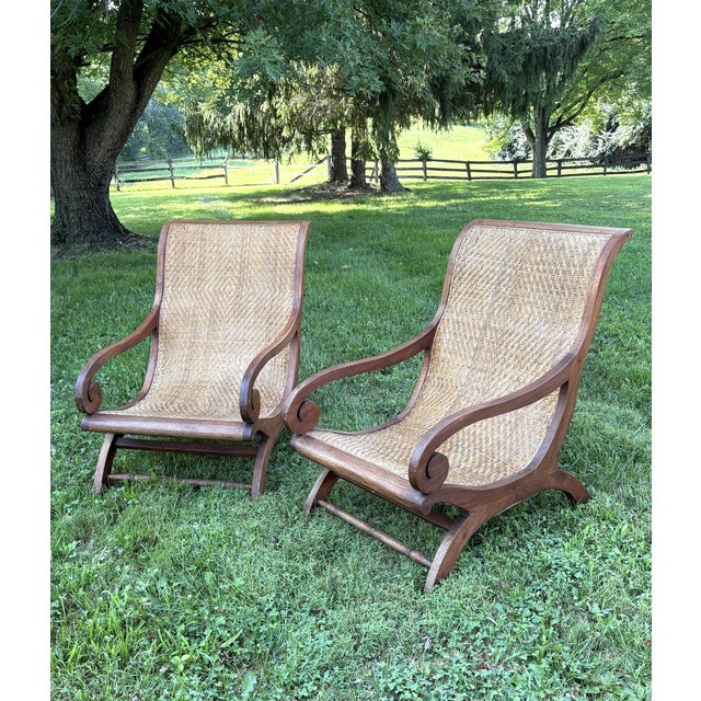 Mid 20th Century Mid 20th Century Pair of Indonesian Teak & Cane Plantation Chairs - British Colonial/Planter's Style For Sale - Image 5 of 15