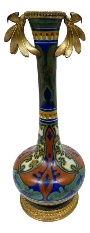 Dutch Earthenware Vase with Feather Decor from PZH Gouda, Holland, 1910