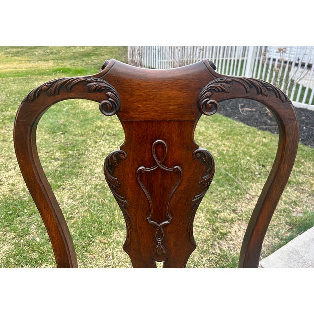 1920s Antique Carved Walnut Queen Anne Style High Back Arm Chair W/Stretcher Base For Sale - Image 5 of 13