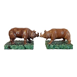 Antique 19th Century French Glazed Earthenware Majolica Pottery Models of Rhinoceros - A Pair For Sale