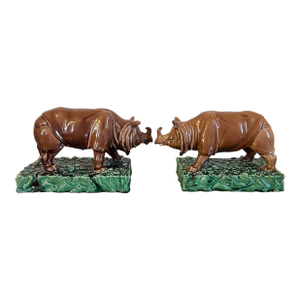 Antique 19th Century French Glazed Earthenware Majolica Pottery Models of Rhinoceros - A Pair