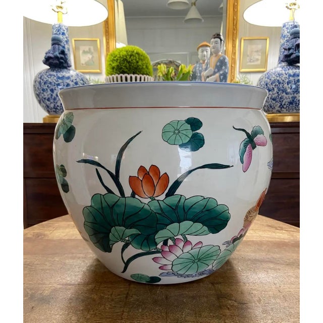 Ceramic Vintage Mid to Late 20th Century Brightly-Colored Lily Pad Koi Fish Bowl For Sale - Image 7 of 8