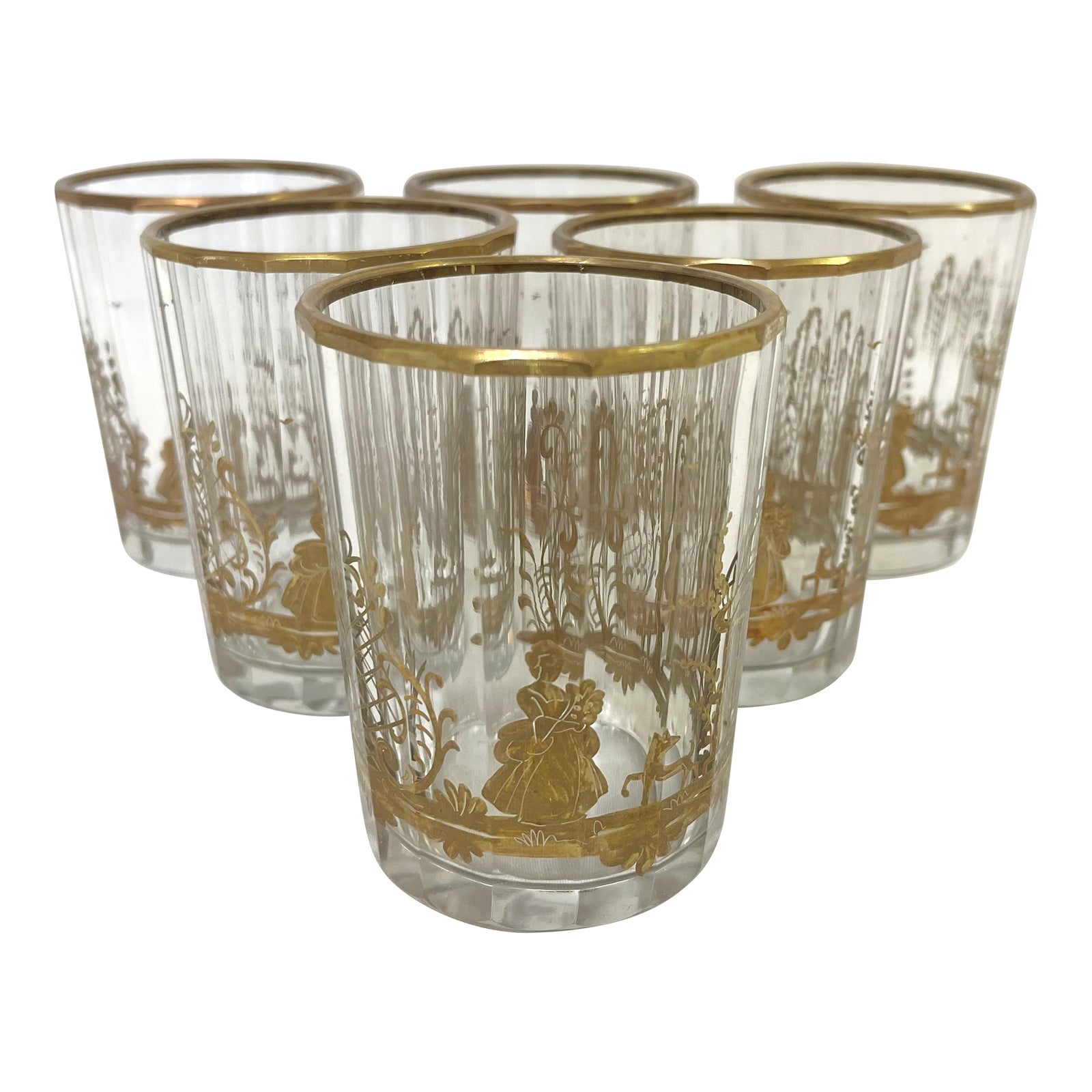 Mid Century Fluted Rocks Glasses With Southern Belle Scenes Set of 6