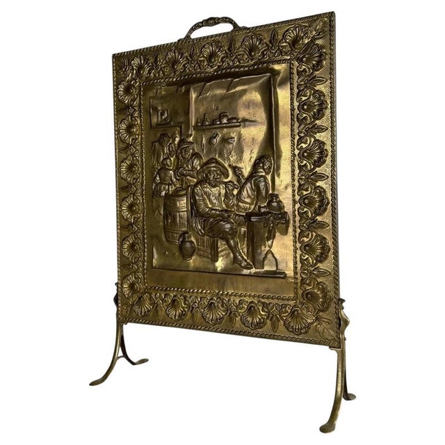 A highly decorative 19th-century English fire screen, finely crafted from brass and timber and distinguished by an...