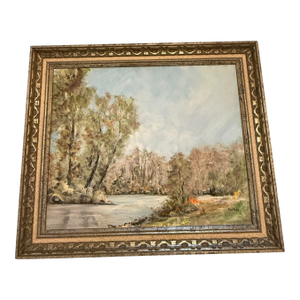 Mid 20th Century Framed Oil on Canvas Serene Impressionist Landscape American Artist Frank Hugo