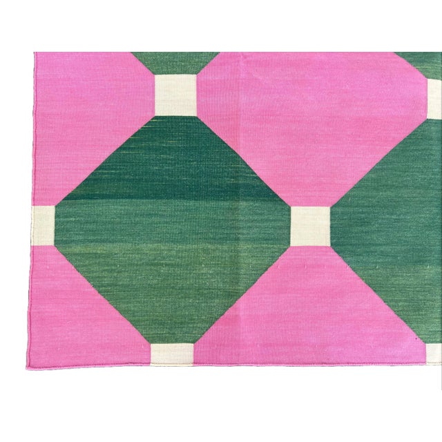 Handmade Cotton Area Rug Pink, Cream and Green Tile Patterned Dhurrie - 9'x12' For Sale - Image 10 of 10