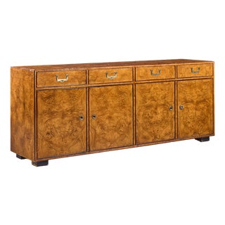 John Widdicomb Mid Century Burlwood and Brass Campaign Credenza For Sale