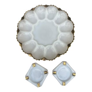 Vintage 14k Gold Painted Milk Glass Oyster Plate and Picture Frames, Catch All, Ashtrays- 3 Pieces For Sale