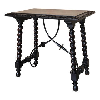 19th Spanish Side Table with Cared Turned Legs and Iron Stretcher For Sale