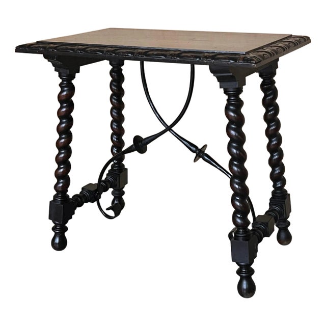 19th Spanish Side Table with Cared Turned Legs and Iron Stretcher For Sale
