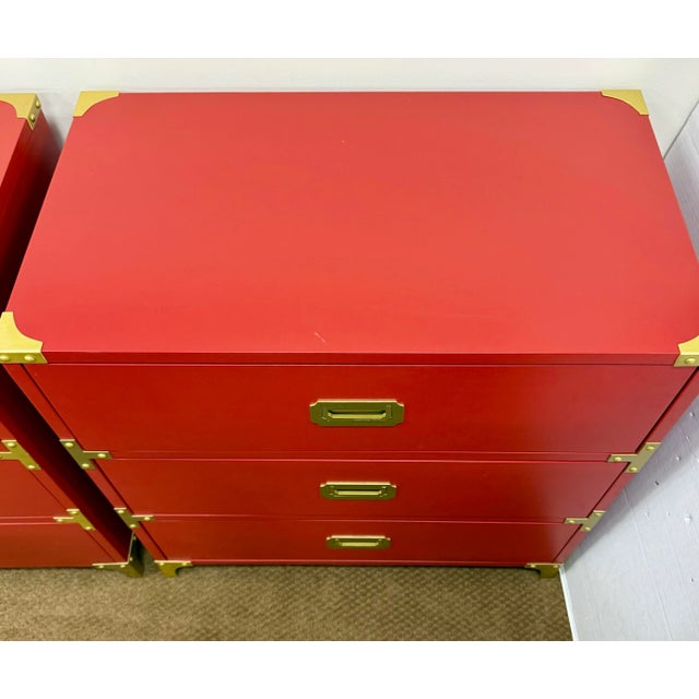 Early 21st Century Pair of Red Campaign Style Chests For Sale - Image 5 of 11
