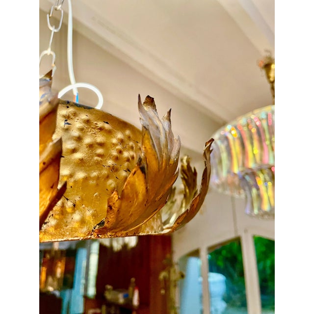 Large Spanish Crown Sunburst Fixture in Gilt Metal and Frost Glass, 1950 For Sale - Image 4 of 8