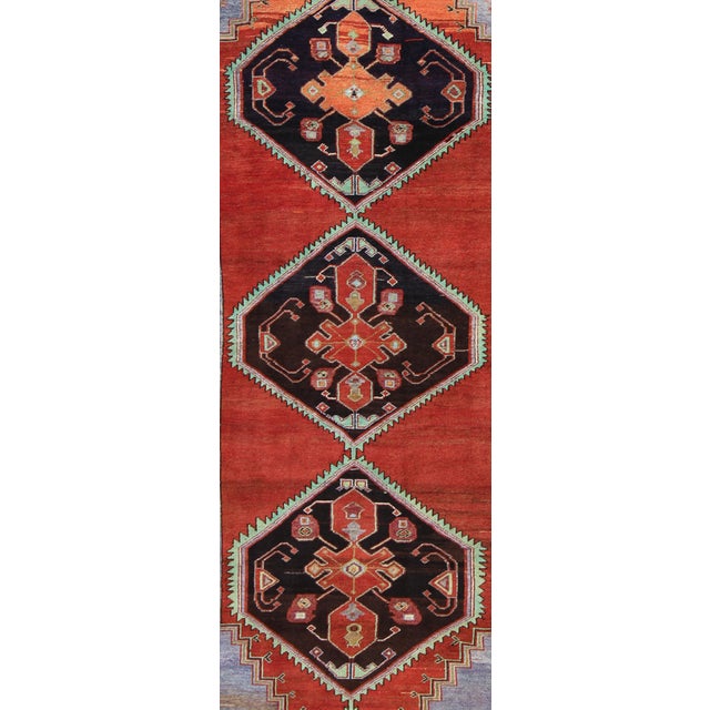 Tribal Vintage Turkish Oushak Medallion Gallery Rug in Red, Indigo, Lavender, and Mint 4'4 X 11'10 For Sale - Image 3 of 6