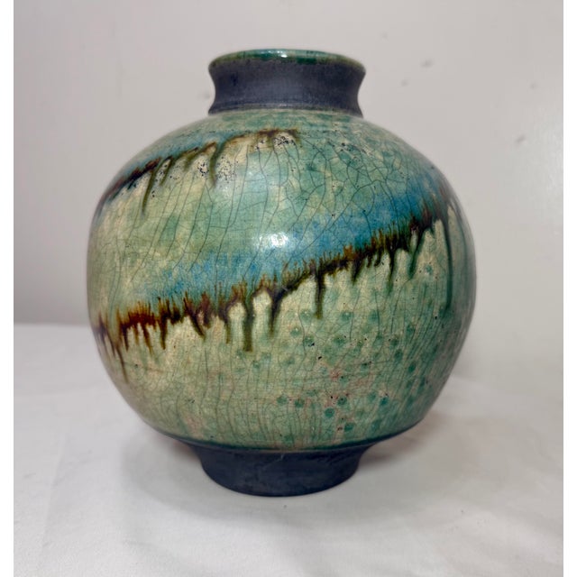 Vintage Signed Tom Neugebauer Black Green Drip Glaze Raku Blackware Pottery Vase For Sale In New York - Image 6 of 14