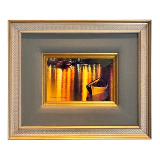 Yankel Ginzburg Original Signed Mixed Media Painting - Study for Shore Lights - Luminous Nautical Harbor Scene For Sale