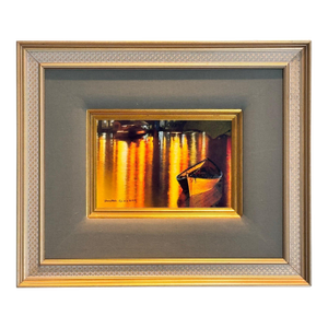 Yankel Ginzburg Original Signed Mixed Media Painting - Study for Shore Lights - Luminous Nautical Harbor Scene