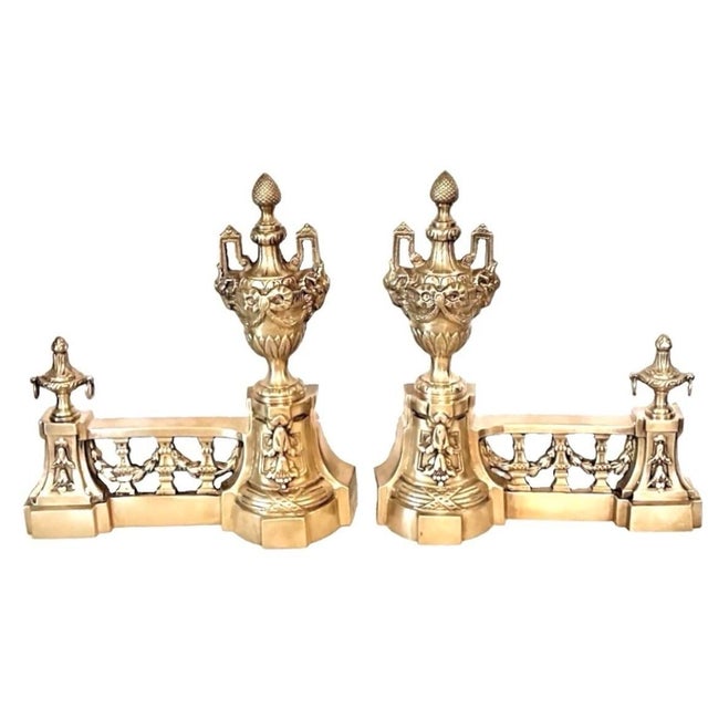 Metal Vintage Castillan Louis XVI French Style Cast Brass Fireplace Andirons Chenets ~ a Pair For Sale - Image 7 of 7