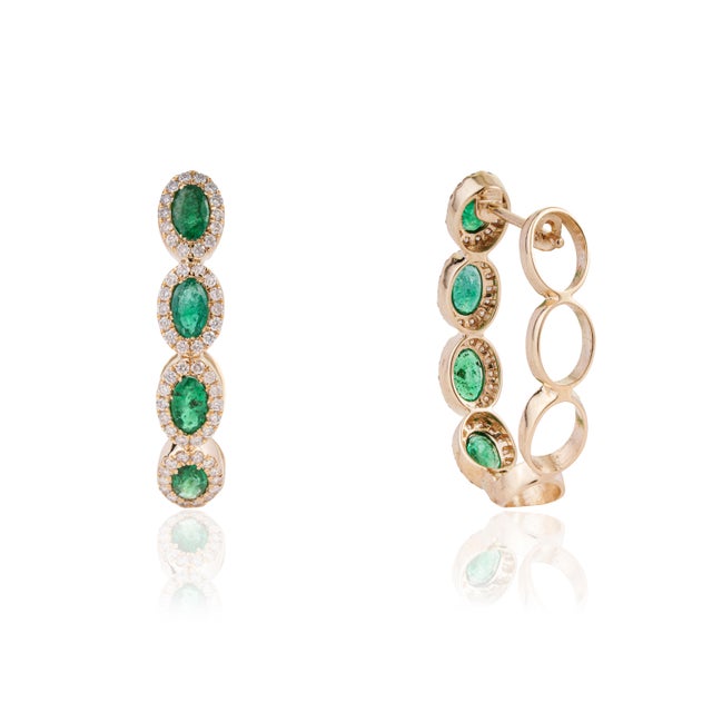 Green 14k Gold 1.7ct Natural Emerald & Diamond Halo Art Deco Hoop Earrings- 2 Pieces For Sale - Image 8 of 18