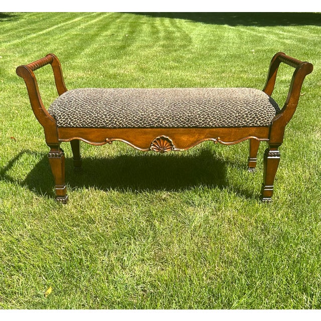 Vintage, Neoclassical-Style, Animal Print Upholstered, Window Bench, With Shell and Barley Twist Accents For Sale - Image 9 of 11